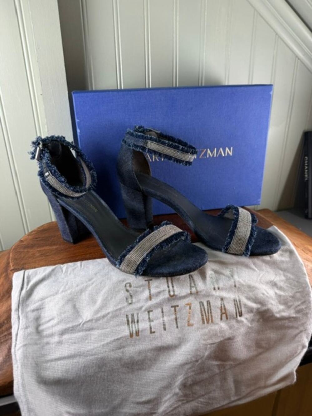 Stuart Weitzman ChainGang Navy Denim Crystal Block Heel Sandals Size 7.5M